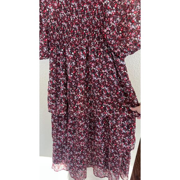 Kings Road Women's Red Floral Tiered Midi Dress XL Smocked Square Neck Boho - Picture 5 of 7